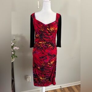 Sangria Ruched Elegant Midi Dress 3/4 Sleeve Painted Print Professional Office 8